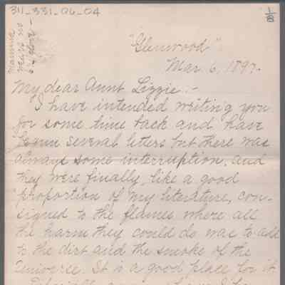 Amacetta "Amy" Summers to "Aunt Lizzie," (Elizabeth W. Wickes), Mar 6, 1897
