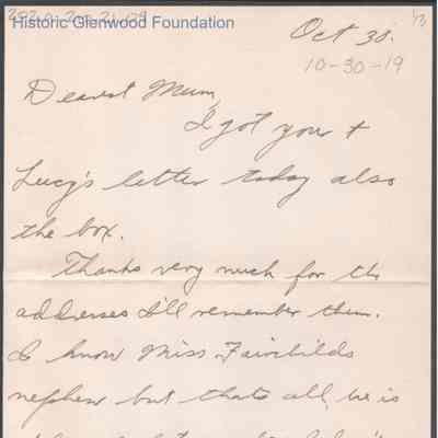 Elizabeth S. Quarrier from Alexander W. Quarrier, Oct 30, 1919