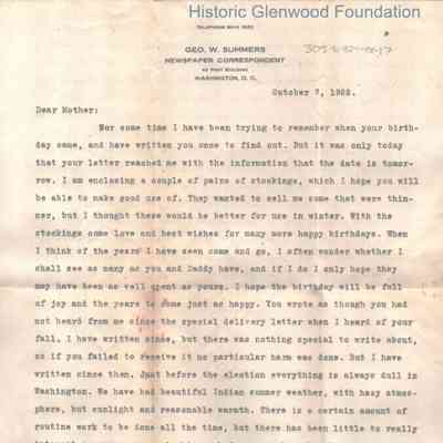 Lucy W. Summers from George W. Summers, October 7, 1922