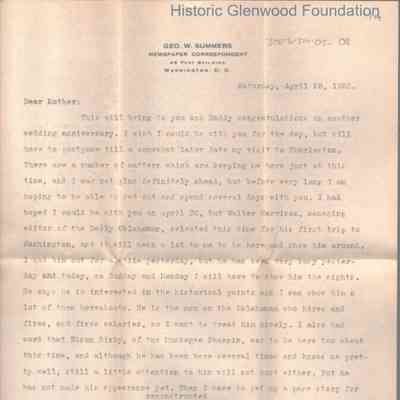 Lucy W. Summers from George W. Summers, April 28, 1923
