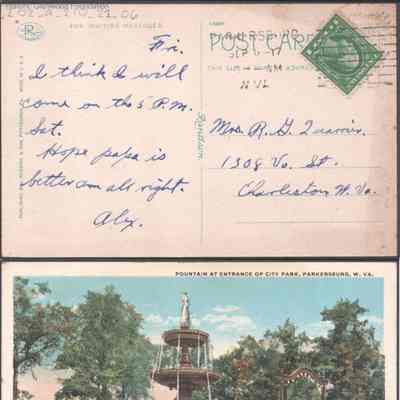 Postcard to Elizabeth S. Quarrier from Alexander W. Quarrier, Sep 6, 1917