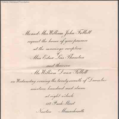 Lewis & Lucy W. Summers, invitation to Edna L. Thurston and William D. Follett wedding, Dec 27, 1911