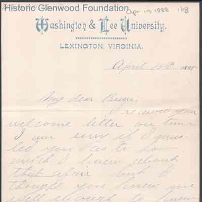 Elizabeth S. Quarrier from Russell G. Quarrier, Apr 15, 1888