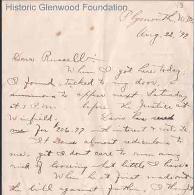 Russell G. Quarrier from Lewis Summers, Jr., Aug 22, 1899