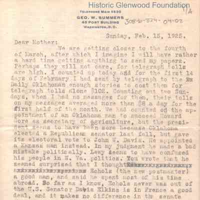 Lucy W. Summers, from George W. Summers, February 15, 1925