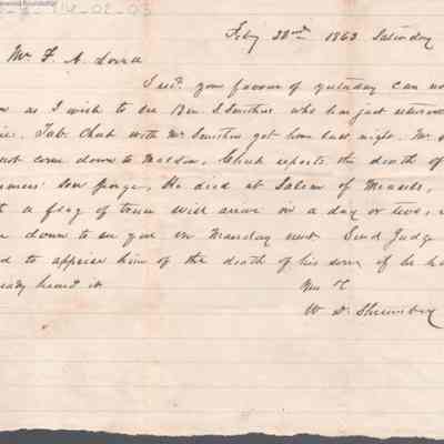 W. D. Shrewsbury to F. A. Service regarding death of George L. Summers, Feb 22, 1863