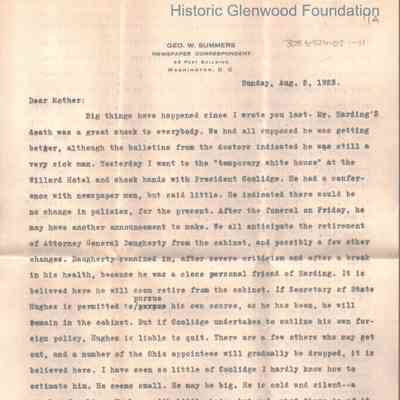 Lucy W. Summers from George W. Summers, August 5, 1923