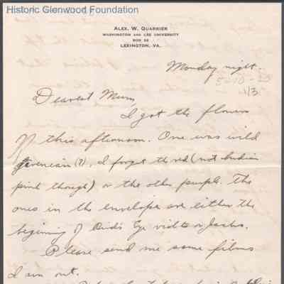 Elizabeth S. Quarrier from Alexander W. Quarrier, May 10, 1920