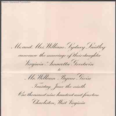 Lewis & Lucy W. Summers, invitation to Virginia A. G. Laidley and William B. Givin wedding, Jun 9, 1914