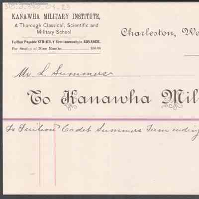 George W. Summers, Tuition Statement, Kanawha Military Institute, Dec 5, 1883