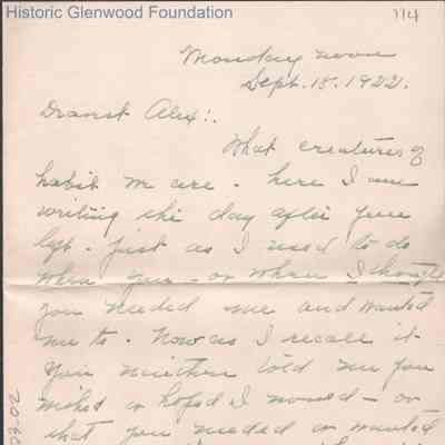 Alexander W. Quarrier from mother Elizabeth S. Quarrier, Sep 18, 1922