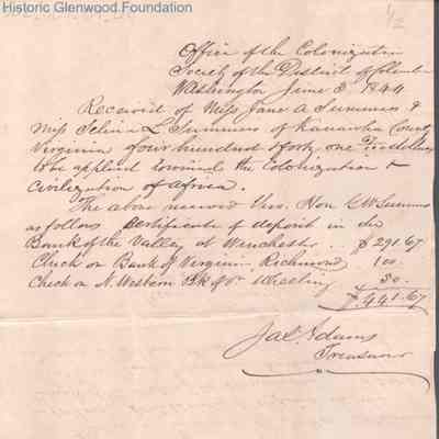 Society for the Colonization of Africa receipt, Jun 3, 1844