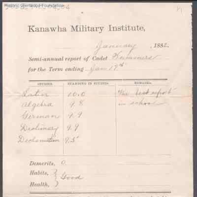 George W. Summers, Progress Report, Kanawha Military Institute, Jan 17, 1882