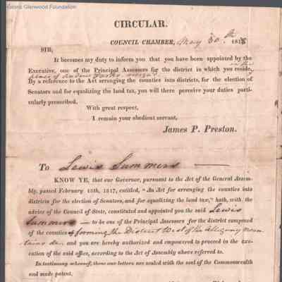 Judge Lewis Summers, appointment to Assessor, 1818