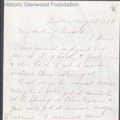 Russell G. Quarrier from Elizabeth S. Quarrier, Aug 23, 1889