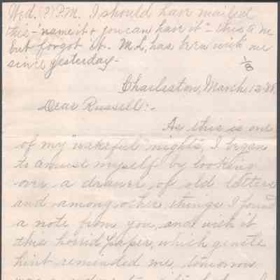Russell G. Quarrier from Elizabeth S. Quarrier, Mar 12, 1888