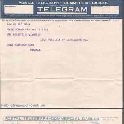 Telegram to Elizabeth S. Quarrier from Russell G. Quarrier, Feb 11, 1922