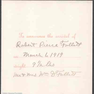 Lewis & Lucy W. Summers, birth announcement for Robert P. Follett, Mar 6, 1919