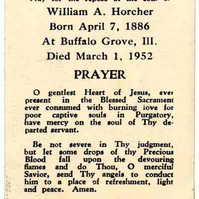 William A. Horcher Funerary Card 1952