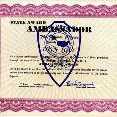 Jaycees State Award Ambassador Certificate 1970 (?)