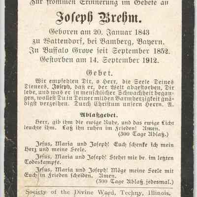 Joseph Brehm Funeral Card 1912