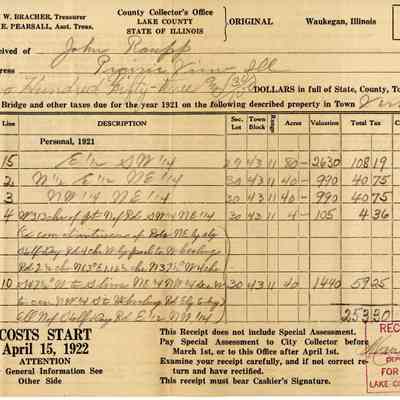 John Raupp 1921 Tax Receipt