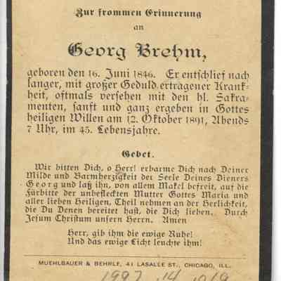 George Brehm Funeral Card