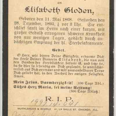 Elizabeth Gloden Prayer Card