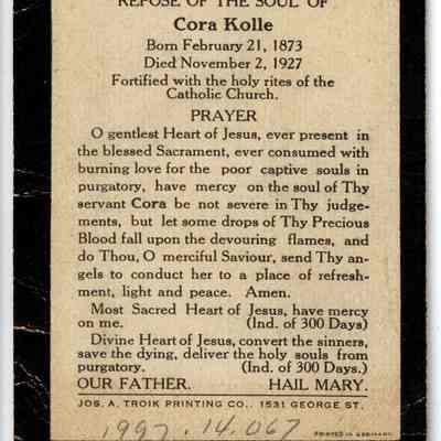 Cora Kolle Funeral Prayer Card