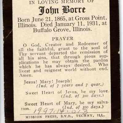 John Borre Funeral Prayer Card