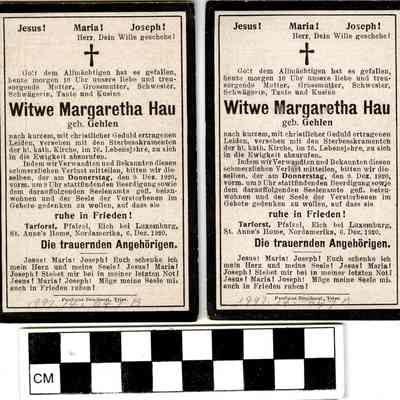 Margaretha Hau Funeral Card