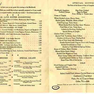 The Blackhawk Restaurant Menu 1942