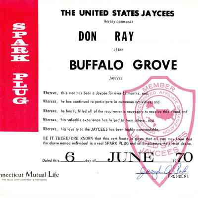 Buffalo Grove Jaycees Certificate 1970
