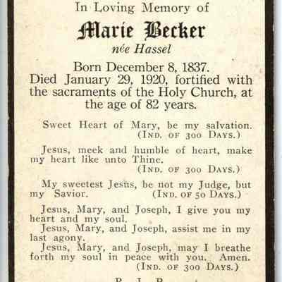 Marie Becker Funeral Prayer Card