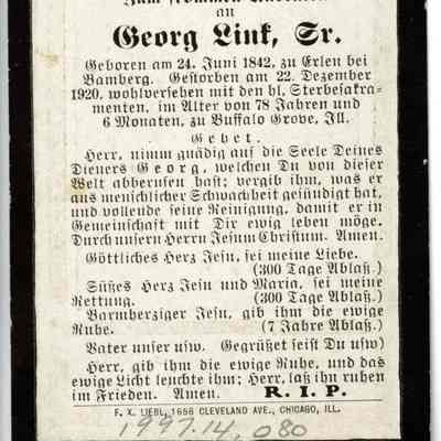 George Link Sr. Funeral Prayer Card