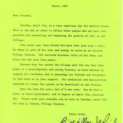 Glover Election Letter 1987