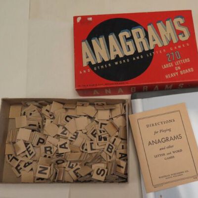 Anagrams box and game pieces.: Origsize: 1.5" (h) x 5.5" (w); Origformat: Artifact
