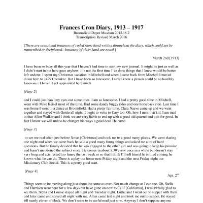 Transcription done by Kimberly DeRosa, edited by Kevin Smith.  Finished as word doc, converted to pdf, and uploaded 03/02/2016.