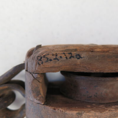 Number on block and tackle part a.: Origsize: 4" (w) x 9" (l) x 3"; Origformat: Artifact