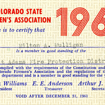 Milton Mulligan's Colorado State Firemen's Association Membership Card, 1961