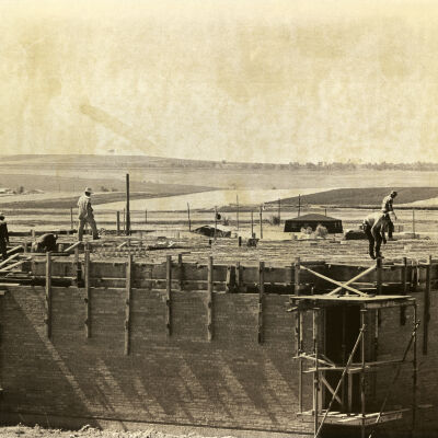 Construction crews working on the United Bank building