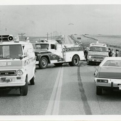 West Adams County Fire Dept. and Broomfield Ambulance vehicles, circa 1976: Origsize: 5" x 7"; Origformat: Print-Photographic; Resolution: 725dpi