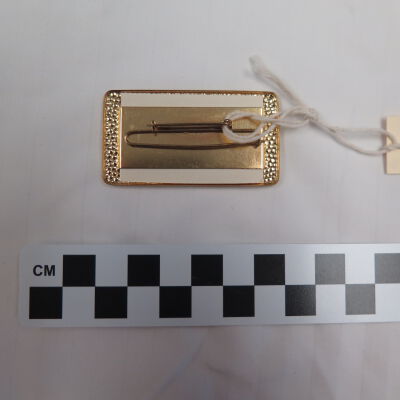 Back of nametag.: Origsize: 2.25" (w) x 1.25" (l; Origformat: Artifact