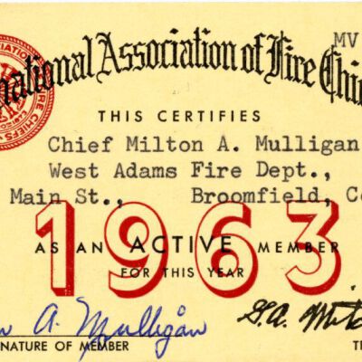 International Association of Fire Chiefs, Inc card of Chief Milton Mulligan: Origsize: 2.5" x 4"; Origformat: Other; Resolution: 1450dpi