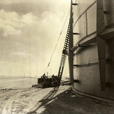 Crane constructing a Broomfield water reservoir structure, circa 1970: Origsize: 8" x 10"; Origformat: Print-Photographic; Resolution: 500dpi