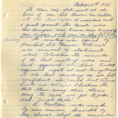 Minute page of Merri Mix Club, 1938: Origsize: 7.75" x 10.5"; Origformat: Paper; Resolution: 300dpi