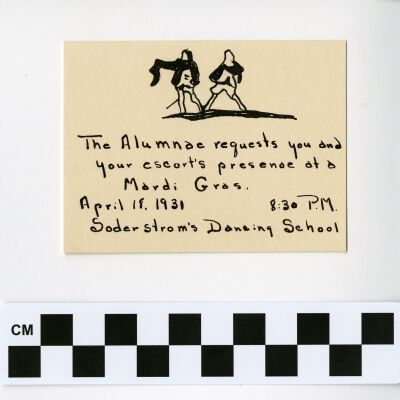 Invitation card to a Mardi Gras function for Ella Mitze, 1931: Origsize: 2.75" x 3.5"; Origformat: Other; Resolution: 300dpi