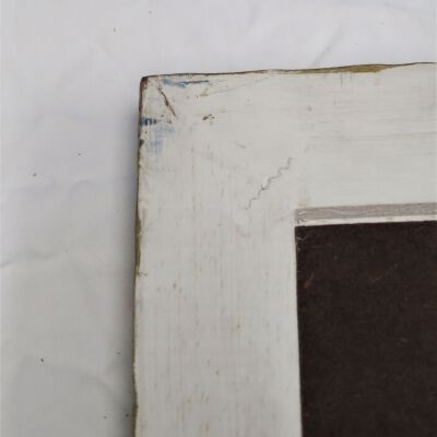 Condition: Blue accretions on frame, upper PL corner (2018-09-12): Origformat: Artifact