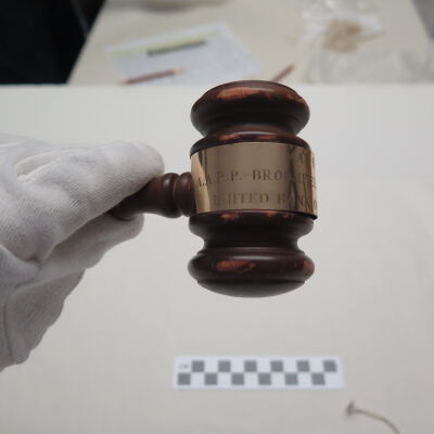 Text on gavel.: Origsize: 2.5" (w) x 10" (l) x; Origformat: Artifact