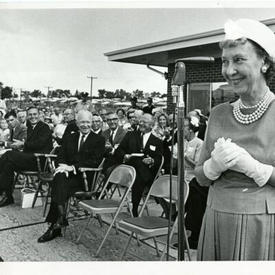 Mamie Doud Eisenhower speaking library dedication, July 7, 1963: Origsize: 6.5" x 8.5"; Origformat: Print-Photographic; Resolution: 600dpi